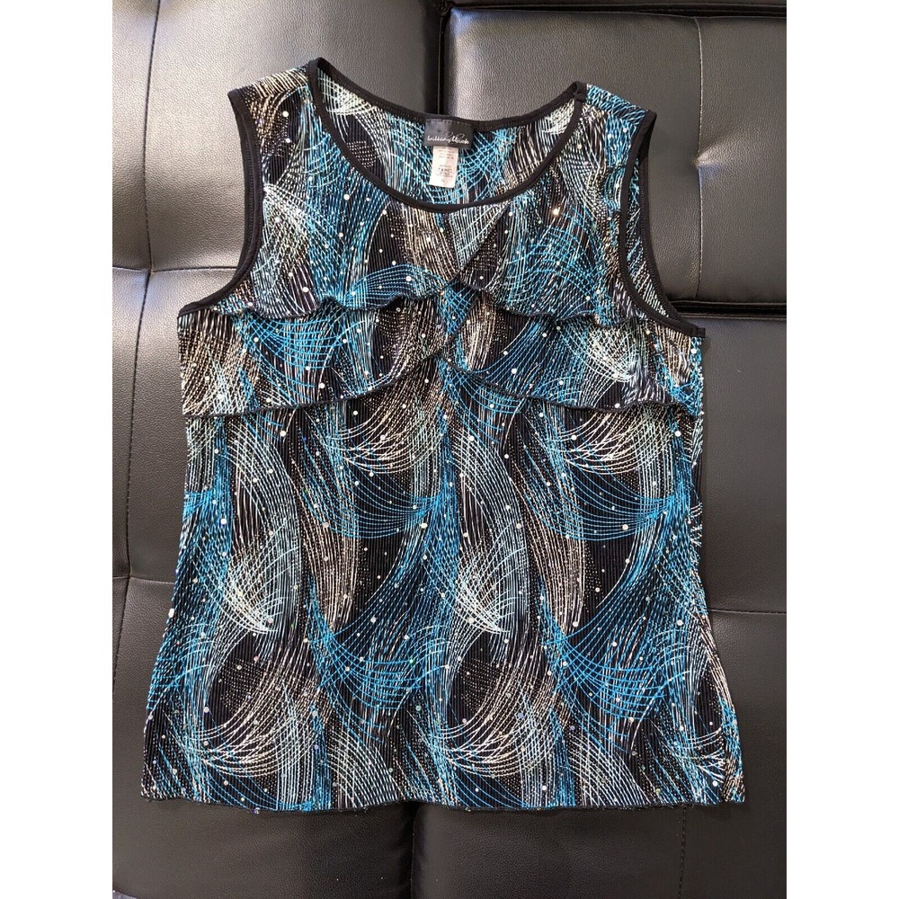 Brittany Black Ruffled Chest Tank Top Blue Black Womens Sleeveless XL‎